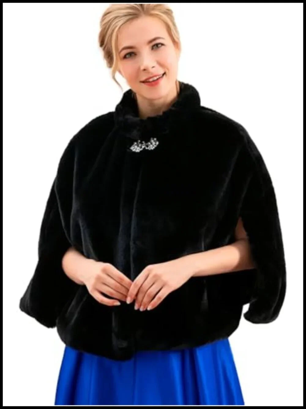 Faux Fur Wrap Bridal Stole Winter Cape with Rhinestone Brooch